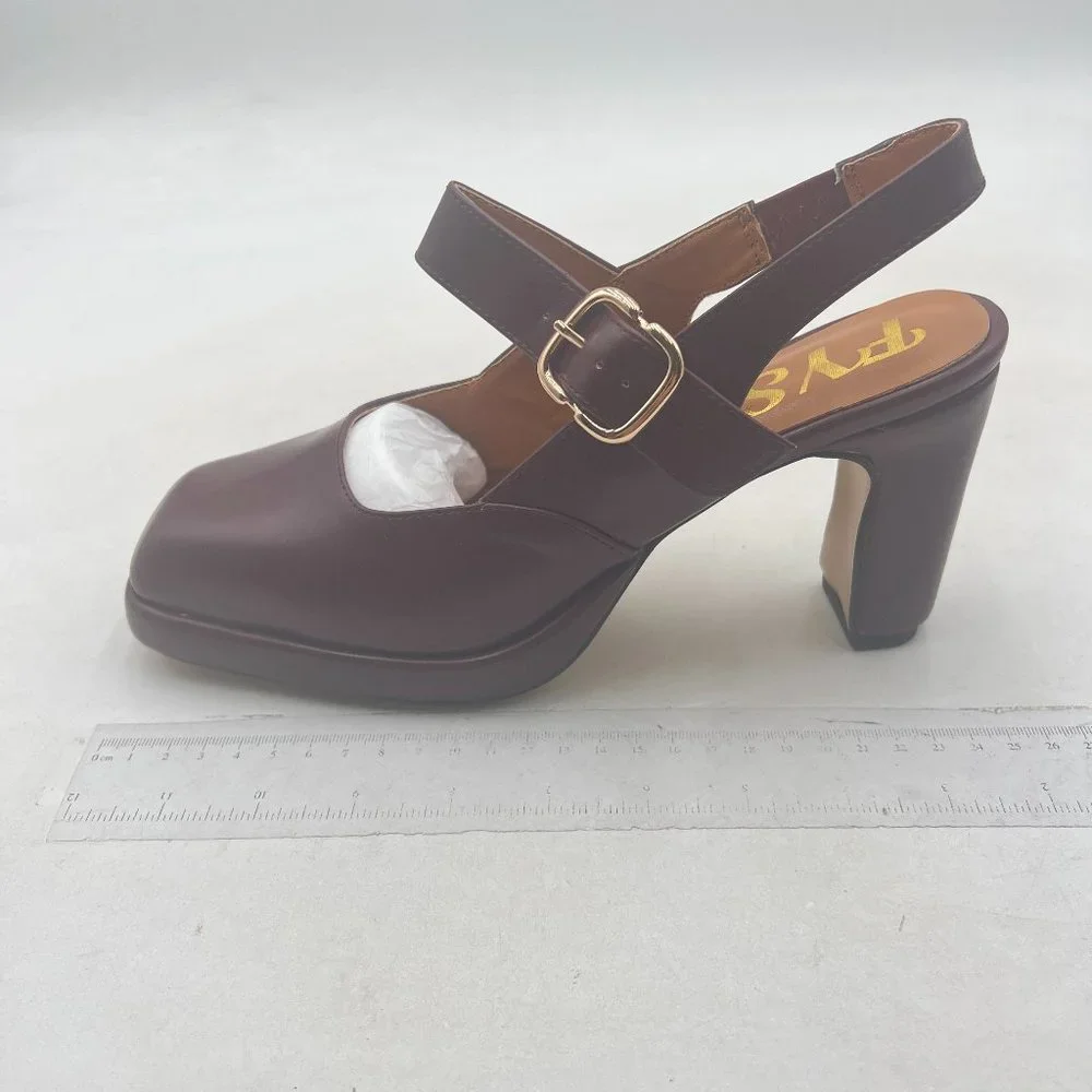 FYS Wine Platform Square Toe Pumps Chunky Block High Heel Mary Janes Slingback - Picture 2 of 8